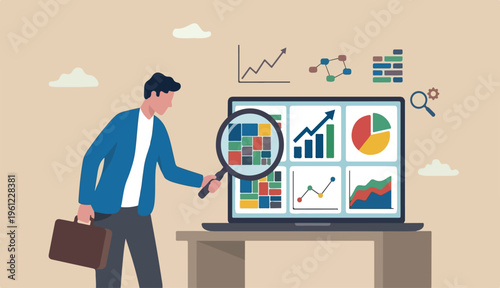 Market research data analysis, analyze business data financial report, SEO analytics profit an earning concept, businessman analyst with magnifying glass analyze data computer laptop.
