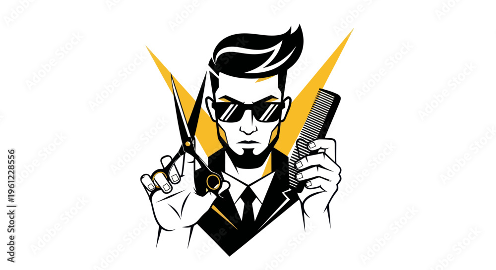 Obraz premium Stylized barber illustration with tools and geometric design elements