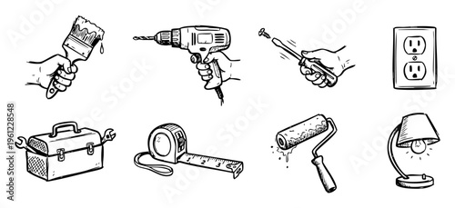 Diy home repair and improvement work tools doodle