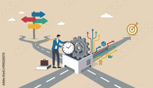 Efficiency or productivity, manage time optimize management improve increase or performance effective process, businessman combine to clock timer gear cogwheel for best efficiency