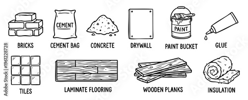 Hand drawing construction building materials and supplies icons