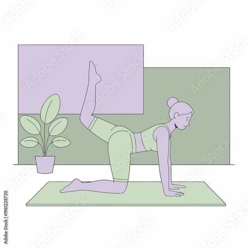 Woman performing donkey kick exercise on yoga mat.