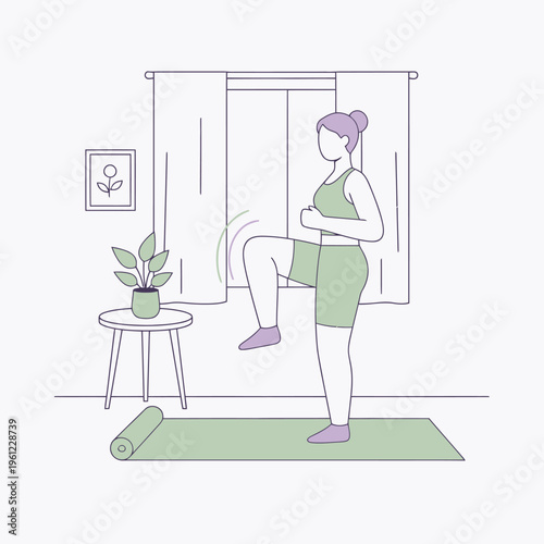 Woman performing high knees exercise on yoga mat.