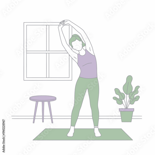 Woman performing side bend stretch exercise indoors.