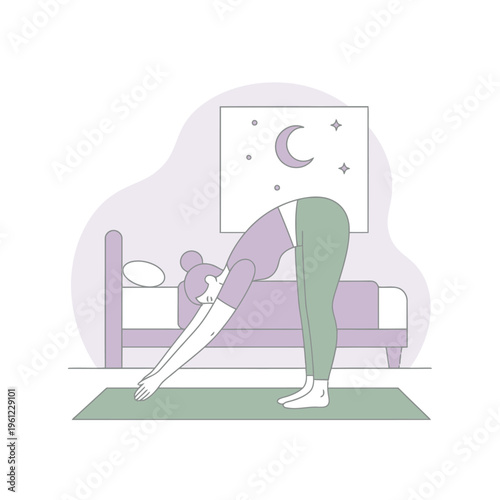 Woman performing yoga forward fold pose in bedroom.