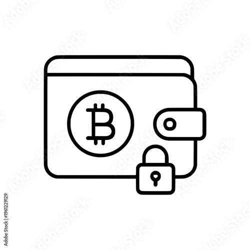 Black line icon of a bitcoin wallet with a padlock