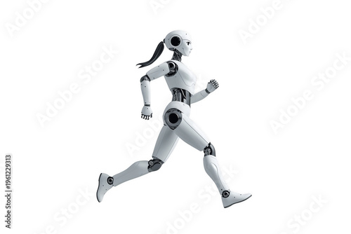Female humanoid robot running fast on transparent background