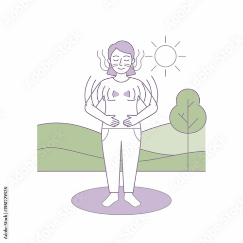 Woman practicing mindful breathing outdoors in nature.