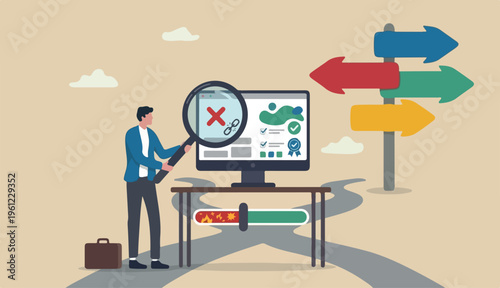 Fake news or false information spreading website social media, screening verify truth before sharing believe concept, man magnifying glass verify fake news website computer