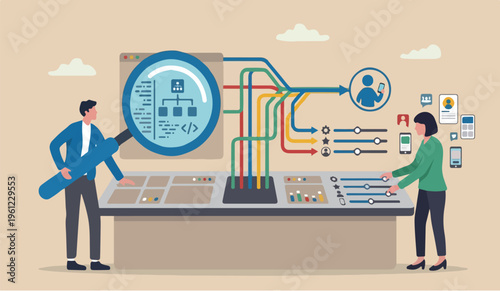 Digital engage online user concept, young people, advertising agency worker working on internet and digital line with SEO magnifying glass.