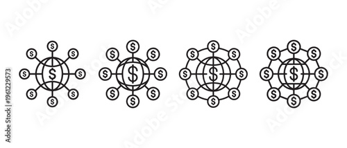 Global Financial Network Line Art Icons Illustrating Worldwide Money Flow and Economic Connections.