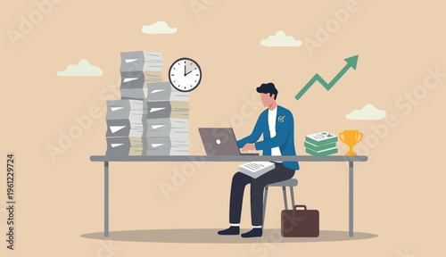 Ability to work under pressure, leadership skill success, control stressed complete work within timeline concept, calm confident businessman working with laptop while carrying load paperwork