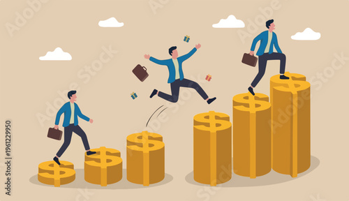 Growth earning investment, increasing income and bonus career success financial business concept, businessman professional manager walking a jumping growth golden dollar signs.