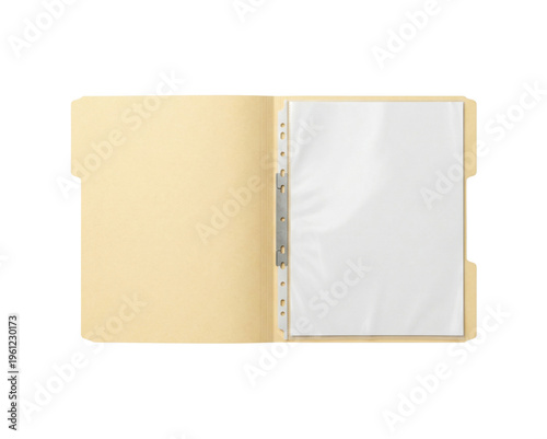Open beige file folder top view isolated. Document organization mockup template.