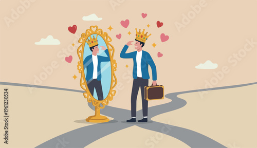 Narcissist people, extreme self involvement confident disorder proud attitude egocentric person, narcissism businessman admire himself proud crown love stars around