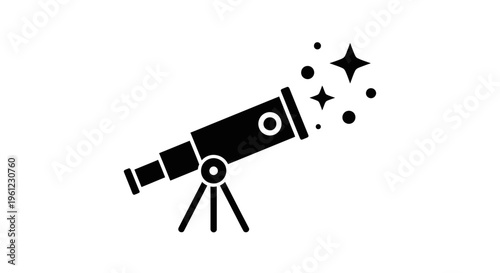 Black Telescope Icon with Sparkles on White Background