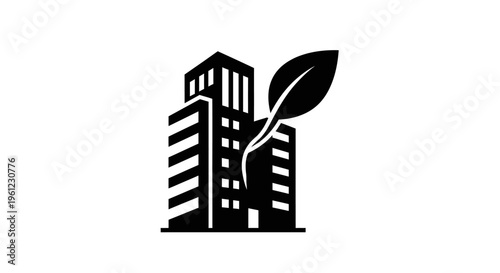 Black Eco City Icon with Leaf and Modern Building Silhouette