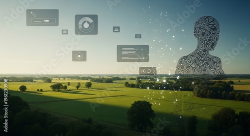 Digital Humanoid and Data Over Green Landscape Representing AI and Technology Integration.