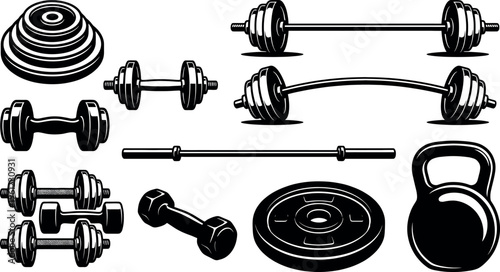 Gym equipment icon set with barbell, dumbbell, kettlebell and weight plates isolated on white