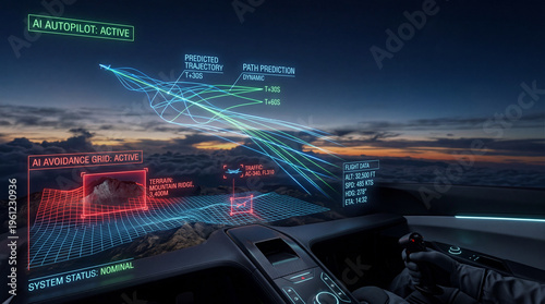 Futuristic cockpit displays AI autopilot system with dynamic path prediction and avoidance grid. interface shows predicted trajectories and flight data over mountainous landscape