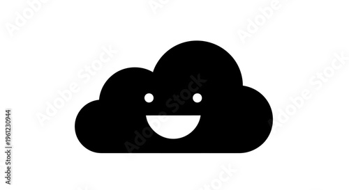 Black Cloud Icon with Smiling Face on White Background
