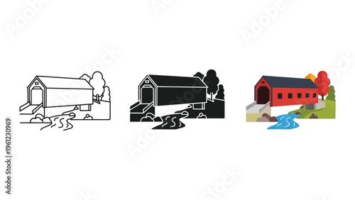 Covered Bridge River Landscape Vector Art