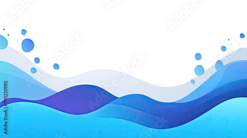 Layered abstract blue and purple waves flow beneath scattered liquid droplets against a white background.