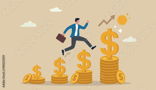 Growth earning investment, income bonus career into success financial business concept, businessman professional manager into walking jumping growth golden dollar signs.