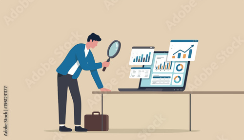 Market research data analysis, business data financial report, SEO analytics profit earning concept, businessman analyst with magnifying glass analyze data computer laptop