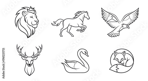 Collection of six minimalist line art animal illustrations, featuring a lion, horse, eagle, deer, swan, and fox, suitable for logos or icons.