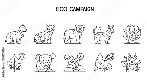 Line art icons for an eco campaign featuring various animals and natural elements like trees and leaves, promoting environmental awareness.