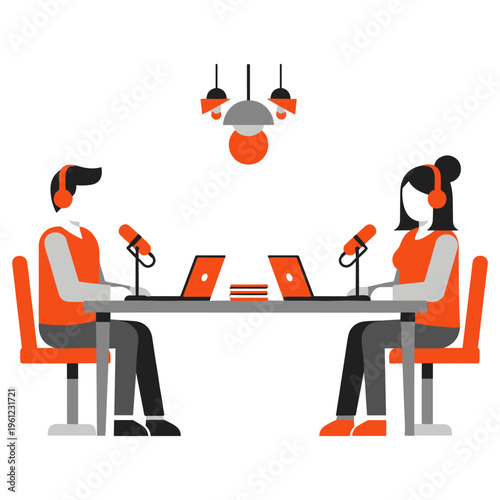 Two people in a podcast studio with laptops and microphones sitting at a table