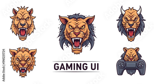 Collection of fierce lion and tiger head mascots, some with horns, and one integrated with a game controller, ideal for gaming UI.