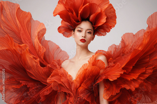 A woman poses in an extravagant red floral-inspired outfit with dramatic textures and shapes. The look blends fashion and art, creating a bold, elegant, and visually striking statement.
