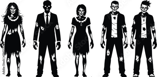 Spooky Undead Zombie Silhouette Collection Featuring Five Standing Ghouls With Tattered Clothing and Skeletal Details for Halloween Horror Themed Vector Graphic Design
