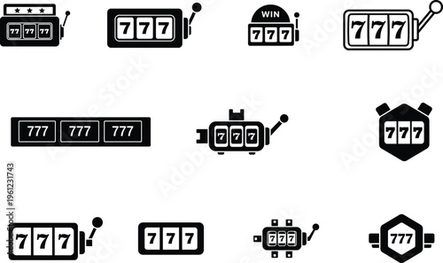 set of casino slot machine icons with seven numbers on white