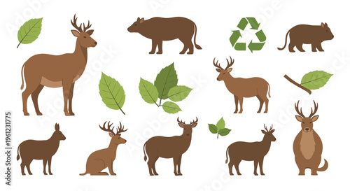 Collection of various brown deer, a buffalo, and a wombat with green leaves and a recycling symbol on a white background.