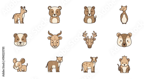 A collection of twelve cute cartoon animal illustrations featuring various mammals in a consistent brown and beige color palette with simple outlines.