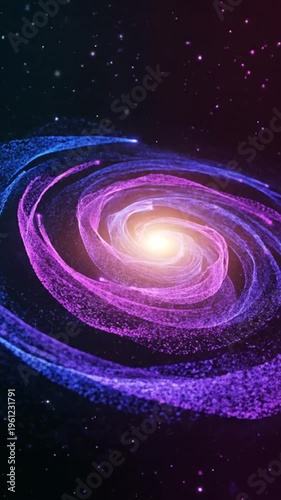 A vibrant galaxy spins in space with swirling purple and blue rings around a bright yellow center, set against a starry black background, possibly for educational or decorative use
