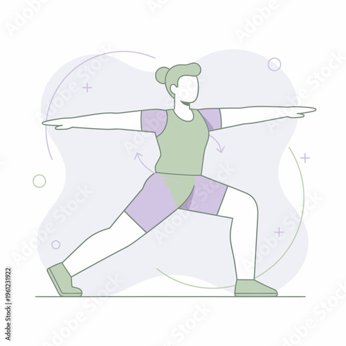 Woman practicing yoga warrior pose illustration.