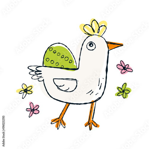 cute chicken with decorated easter egg spring illustration