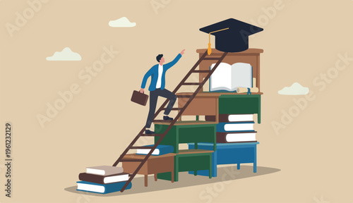 Education degree achievement, graduation college university diploma, school learning classroom, wisdom scholar concept, young adult student climb up Big desk ladder reach graduate mortarboard hat