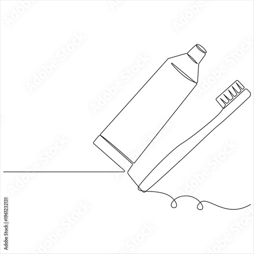 Toothbrush and toothpaste continuous oneline drawing vector illustration
