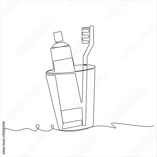 Toothbrush and toothpaste continuous oneline drawing vector illustration