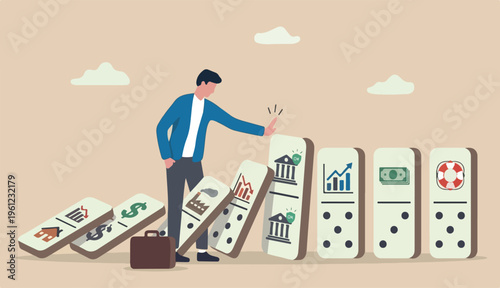 Stop loss or effort to avoid market crash or banking collapse, economic recession, problem prevention, help rescue concept, businessman hand stop domino effect financial chain reaction collapse