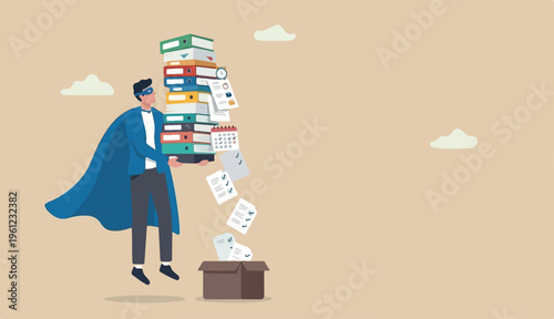 Handle busy work, manage workload complete multitasks deadline in to organize paperwork documents, effective productive concept, businessman superhero carry paperwork documents