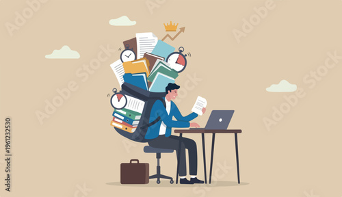 Ability to work under pressure, leadership skill success, control stressed complete work within timeline concept, calm confident businessman working with laptop while carrying load paperwork