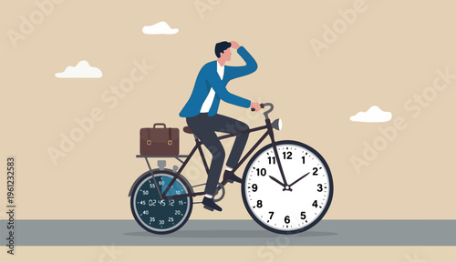 Productivity or efficiency spending time to finish work, time management work life balance concept, businessman riding vintage bicycle with front wheel clock small wheel as stopwatch timer.