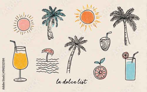 Summer vacation concept with hand-drawn sun, palm trees, refreshing drinks, and beach elements in a doodle style