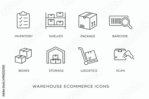 Warehouse ecommerce icons representing various inventory and logistics functions